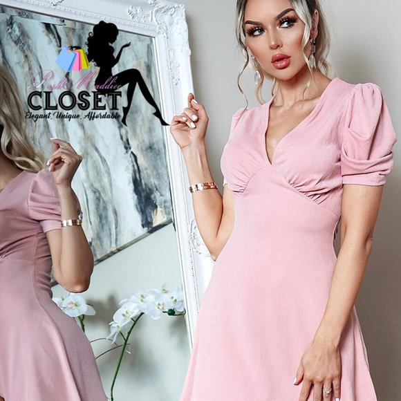 PUFFED SLEEVE SKATER DRESS IN NUDE - SHIPS TODAY!! - Picture 5 of 5